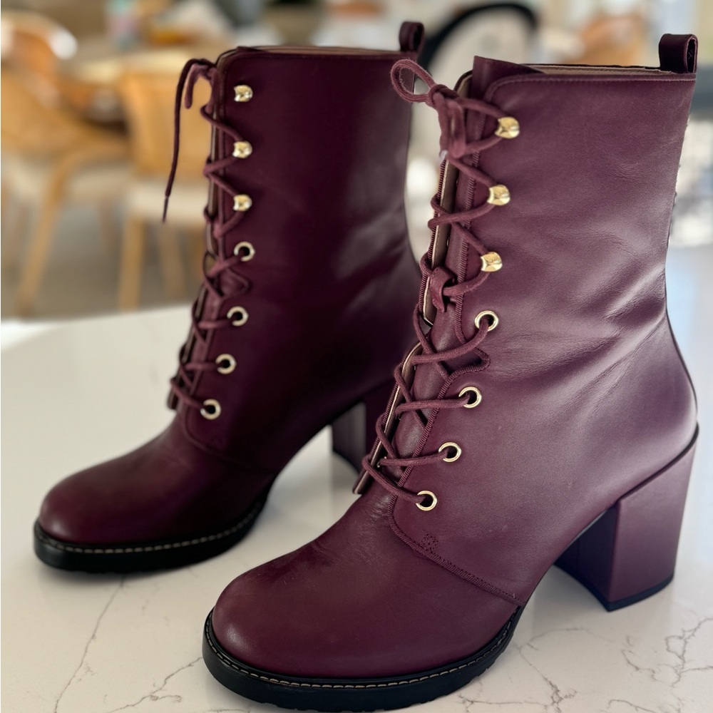 Stuart Weitzman Women Cassey Granny Lace-up Burgundy Leather Ankle Boots